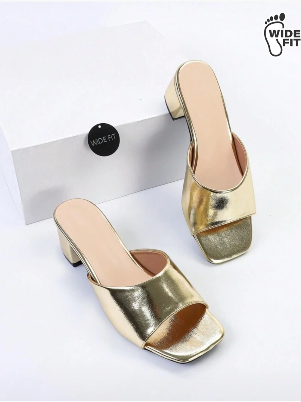 SHEIN Metallic Gold Wide-Fit Block Heel Mule Sandals